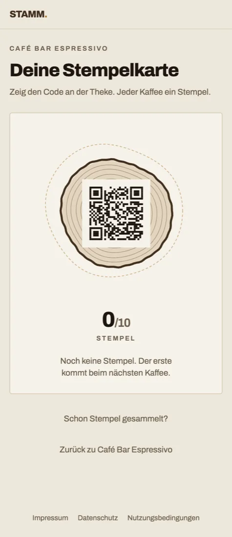 STAMM: die digitale Stempelkarte, gezeichnet als Baumscheibe mit QR-Code