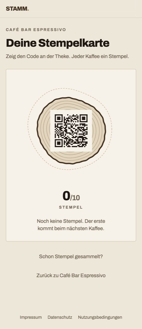 STAMM: die digitale Stempelkarte, gezeichnet als Baumscheibe mit QR-Code